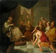 Diogenes brings a plucked chicken to Plato